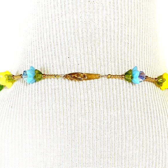 Handmade Green Petal Yellow & Blue Floral Swarovski crystal & Turquoise Necklace - Picture 3 of 7